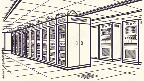 Illustration of a vintage computer server room with multiple racks and a tiled floor and ceiling