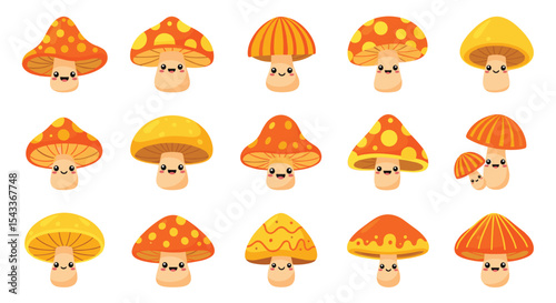 An Adorable Collection of Fungi Family Smiling Cartoon Mushrooms for Your Garden