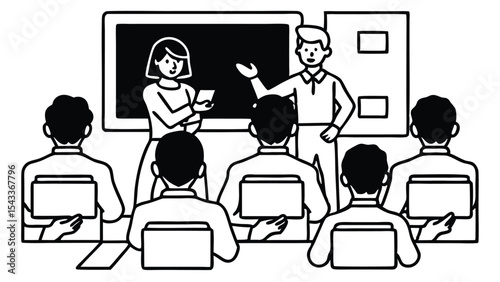 Illustration of a classroom scene with students and teachers in a black and white drawing style