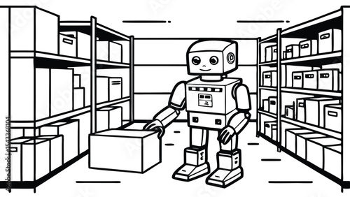 Illustration of a robot in a warehouse holding a box surrounded by shelves filled with boxes and items