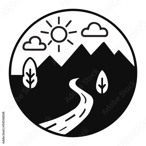 Line drawing of mountain lake scene with sun pine trees and canoe clean minimal nature artwork for hiking travel camping forest and outdoor lifestyle badge or graphic design projects EPS Pro