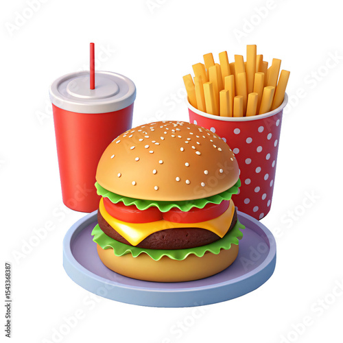 Delicious fast food meal combo with burger, fries, and drink, illustrated snack set isolated on transparent background
