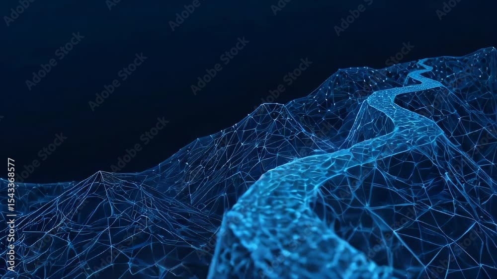 Low-poly wireframe of a mountain path to success, made of lines, dots, and triangles, on a dark blue background—symbolizing strategic growth, ambition, and the structure of business investment
