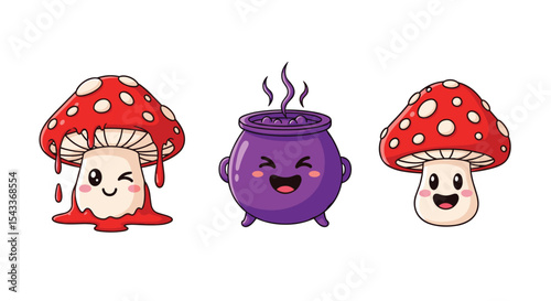 Whimsical Witchcraft A Collection of Cartoon Fungi and a Smiling Cauldron