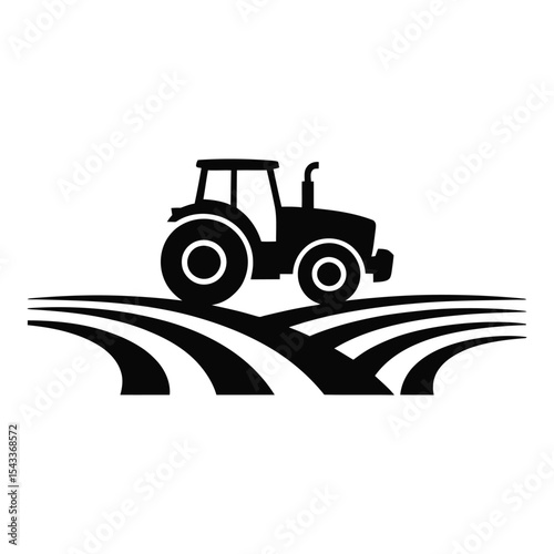Farm tractor on field silhouette isolated on white background