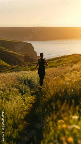 Woman running on hill at sunset over river, healthy active lifestyle, outdoor sport and fitness training footage.