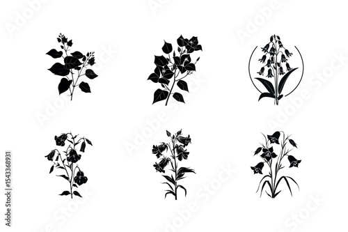 Six black silhouettes of blooming flowers