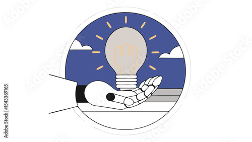 Illustration of a robotic hand holding a lightbulb with a night sky background in a circle frame