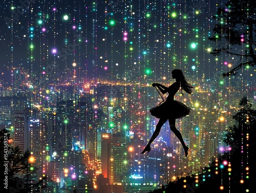 A silhouetted woman enjoys a vibrant cityscape with colorful lights