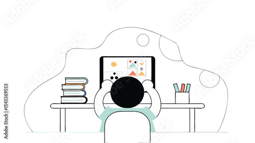 Person sitting at desk with books and stationery looking at tablet with graphic display online at home