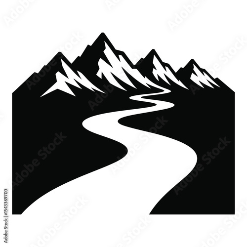 Mountain river landscape silhouette isolated on white background