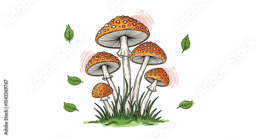 A Cluster of Orange Mushrooms with White Spots Standing in Green Grass and Leaves