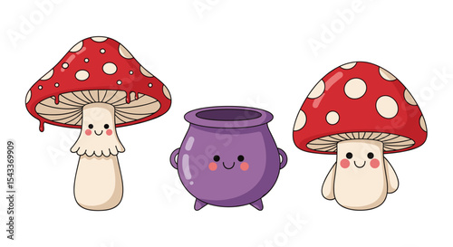 Cute Mushrooms and a Purple Cauldron for Witches With Smiling Faces Illustration