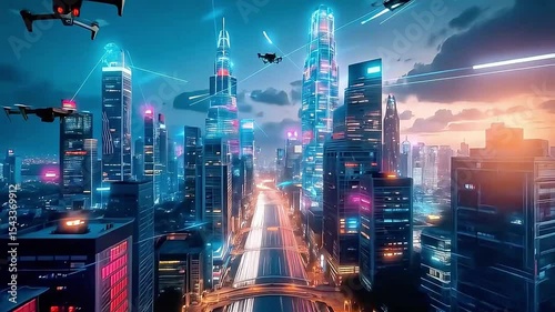 Modern city with abstract futuristic network connections. Digital and technology concept