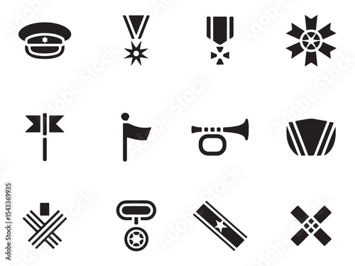 A set of black and white vector icons representing military awards, decorations, and insignia vector art on white