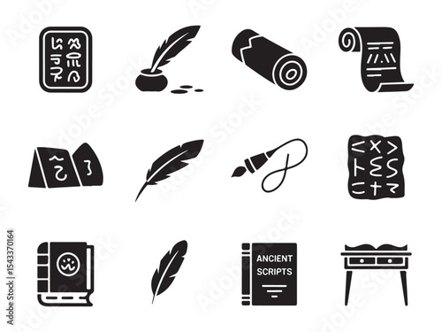 Set of Black and White Ancient Writing and Scribal Tools Icons, a collection of black and white icons representing ancient writing and scribal tools vector art on white