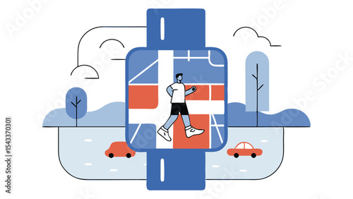 Illustration of a smart watch displaying a map with a person walking and cars on the street