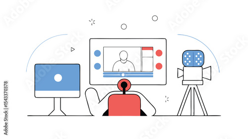 Illustration of a person sitting in front of a computer screen with a camera on a tripod setup