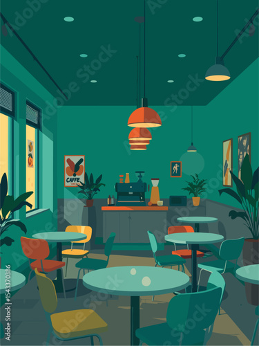 A cafe with a green interior and orange lights. There are several tables and chairs, and potted plants are placed throughout the room. The atmosphere is cozy and inviting, with a focus on the plants