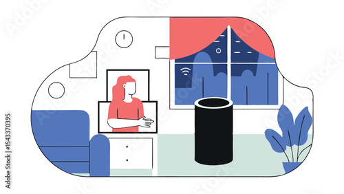 Illustration of a living room scene with a woman in a picture and a smart speaker device