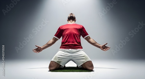 Soccer Player Celebrating Goal - Footballer in Red Jersey Kneeling in Victory Under a Spotlight on a Patch of Grass, Arms Outstretched