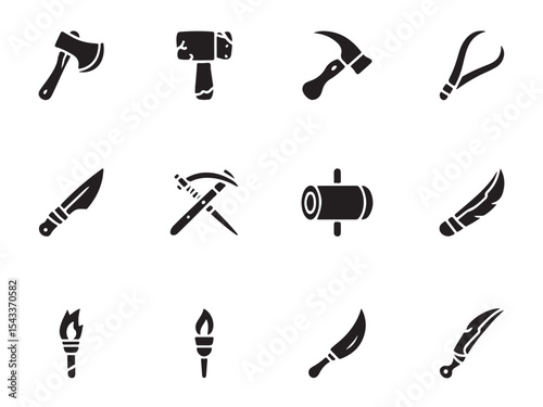 Collection of black and white silhouette icons depicting various primitive tools and weapons, including an axe, hammer, pliers, knife, sickle, club, torch, and dagger vector art on white