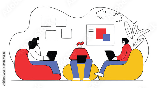 Three people sitting on beanbags working on laptops in a collaborative office environment design at work