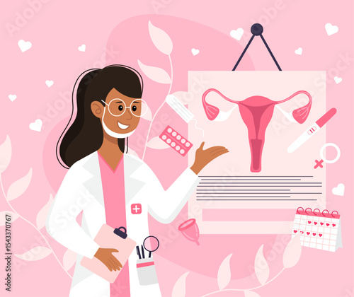 Illustration of a female gynecologist on a pink background.