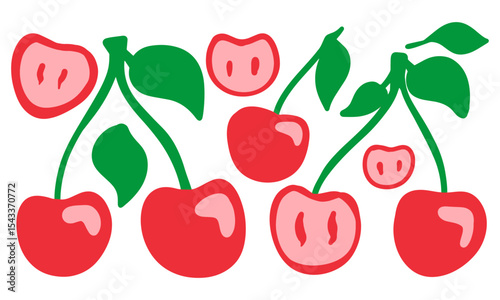 Several cartoon cherries with green stems and leaves.