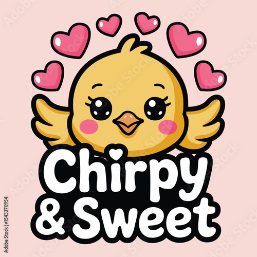Chirpy & sweet kawaii bird with hearts vector for adorable slogan t-shirt design