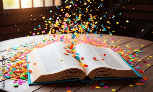 Open book with colorful confetti exploding in celebration on wooden table photo