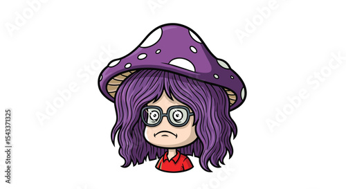 Woman with mushroom hat weird facial expression cartoon character with glasses funny