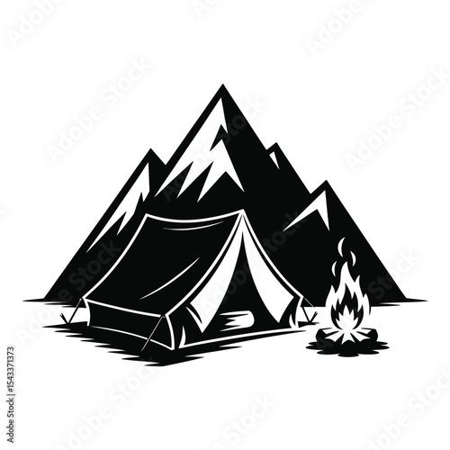 Camping tent silhouette in mountains isolated on white background
