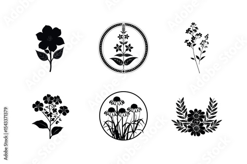 Six black and white floral silhouettes