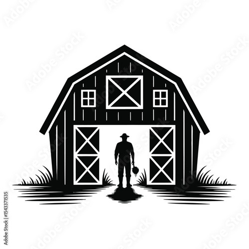 Farmer silhouette in barn doorway isolated on white background