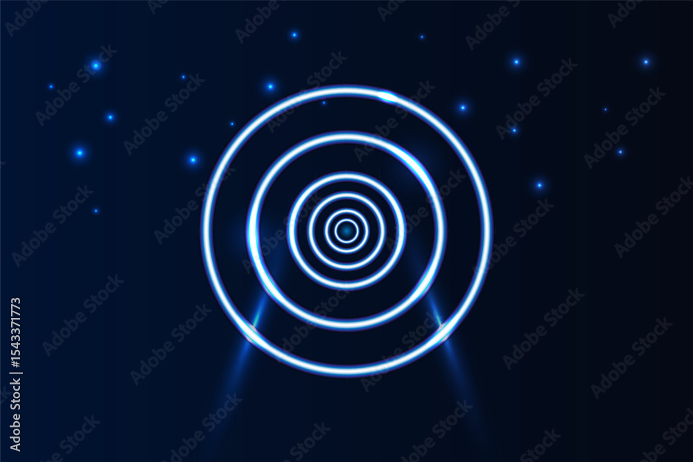 Fototapeta premium Abstract concentric neon blue circles glowing against a dark backdrop with scattered light particles, perfect for tech or sci fi themes