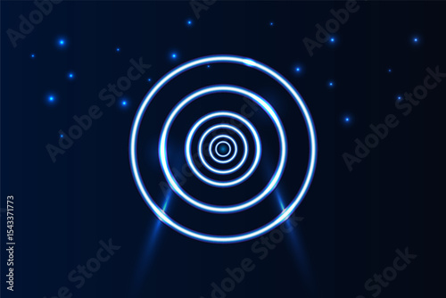 Abstract concentric neon blue circles glowing against a dark backdrop with scattered light particles, perfect for tech or sci fi themes