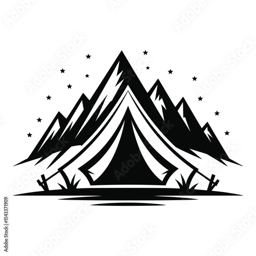 Mountain camping tent silhouette isolated on white background