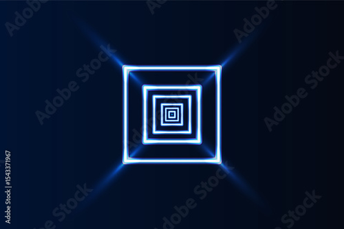 Glowing blue neon squares forming a tunnel like visual illusion on a dark background, evoking a futuristic digital vibe