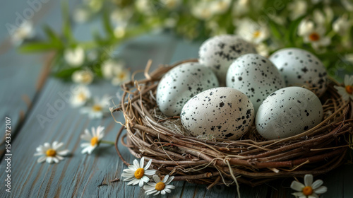 Blue speckled eggs in nest with soft pink flowers on white wooden background