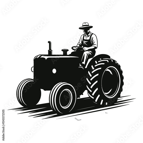 Farmer on vintage tractor silhouette isolated on white background