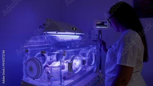 A newborn baby undergoing phototherapy treatment in a neonatal clinic environment, using ultraviolet light.