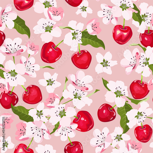 Seamless vector illustration with red, ripe cherries and flowers on a pink background. For decorating textiles, packaging, wallpaper.