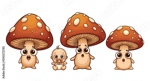 Cartoon Mushrooms and Baby Illustration Representing Innocence and Surprise in Natural World