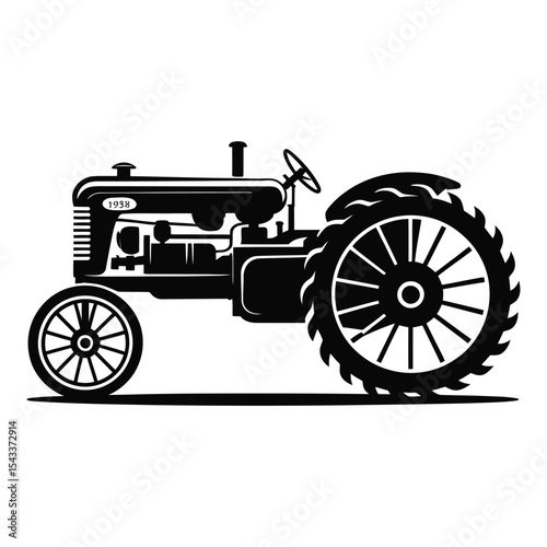 Vintage farm tractor silhouette isolated on white background