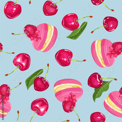 Seamless vector illustration with juicy cherries and macarons on a blue background. For decorating textiles, packaging.