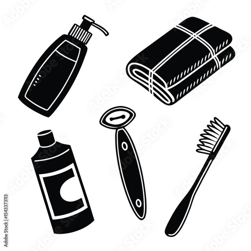 Black and white illustrations of bathroom essentials for personal care and hygiene