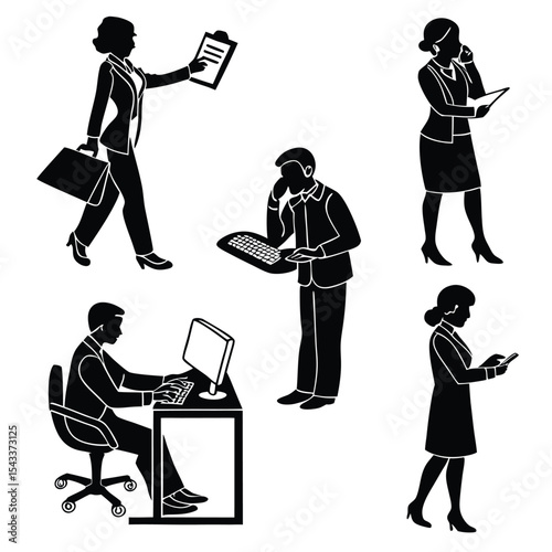 Black and white silhouettes of business professionals in various office activities