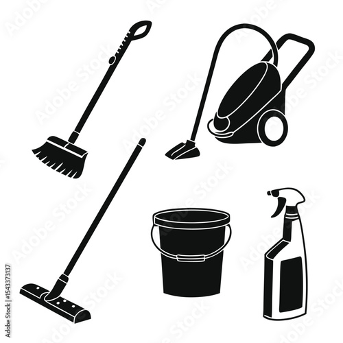 Black and white illustrations of cleaning supplies and tools for home and professional use