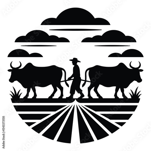 Farmer with oxen ploughing field silhouette isolated on white background